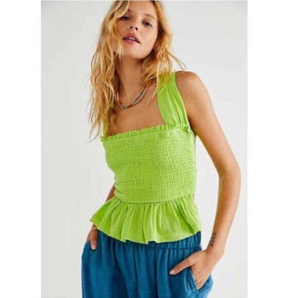 NEW Free People Amani Smocked Ruffle Tie Back Tank Top S Green - Picture 1 of 6
